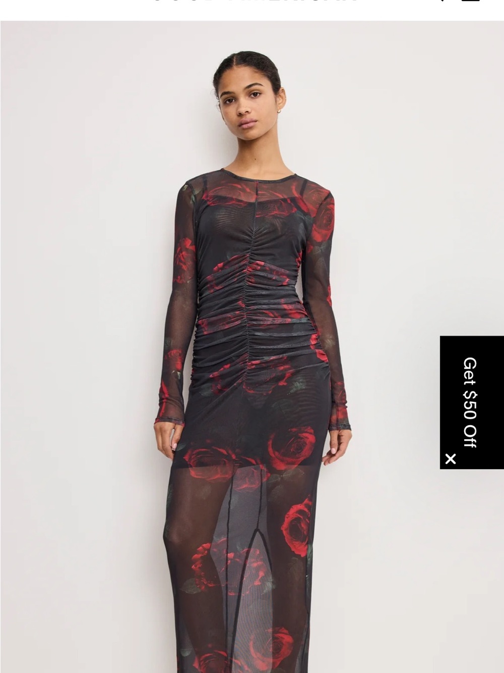 Good American Black Sheer Mesh Long-Sleeve Ruched Maxi Dress with Red Rose Print